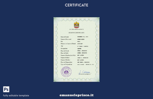 modello PSD di certificato di morte di documenti di stato civile degli Emirati A